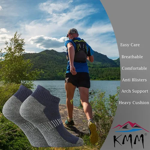 Vista 4 de KMM Calcetines tobilleros de lana merina para hombre con cojín de lengüeta baja para verano para senderismo al aire libre, golf, mocasín, tenis