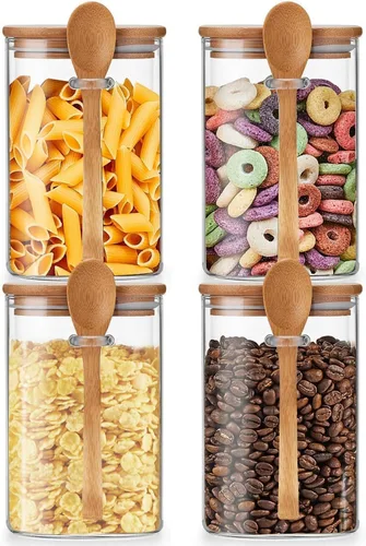 Vista 8 de Unbreakable - Frascos de vidrio con tapa hermética de bambú y cuchara, 4 piezas de 39 oz, recipientes para avena nocturna, botes de cocina