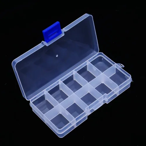 Vista 3 de UTENEW Caja organizadora de joyas de plástico transparente para pequeñas manualidadesartes, paquete de 2 contenedores con 10 rejillas, pequeño