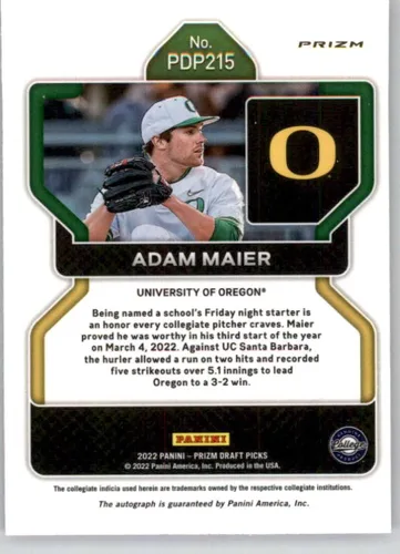 Vista 2 de 2022 Panini Prizm Draft Picks Prizms Neon Pink Velocity #215 Adam Maier RC Rookie Oregon Ducks Baseball Trading Card