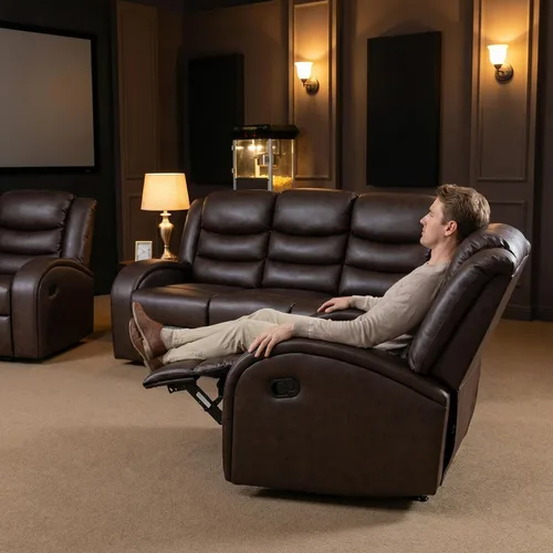 Vista 7 de Juego de sofá reclinable de 3 piezas, juego de muebles de sala de estar, sofá reclinable seccional de cuero, sofá reclinable manual, cómodo asiento