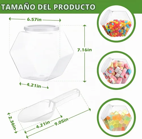Vista 2 de Hoolerry Juego de 12 tarros de plástico para dulces con cucharas que incluye 6 tarros hexagonales para galletas con tapa para bufé de dulces y 6