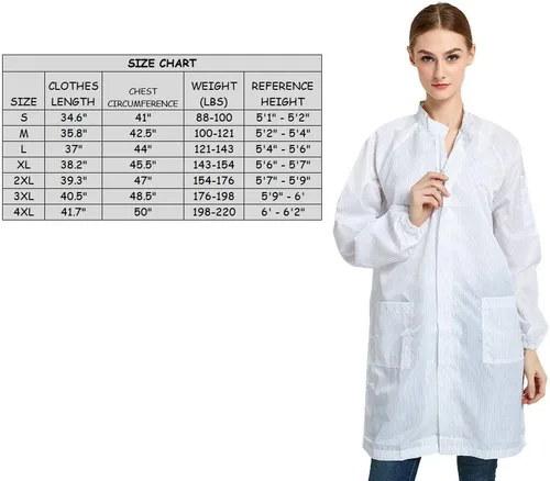 Vista 5 de Vestido de manga larga ESD con cremallera unisex antiestático de laboratorio no elástico ajuste cómodo cuello de pie uniforme mediano blanco