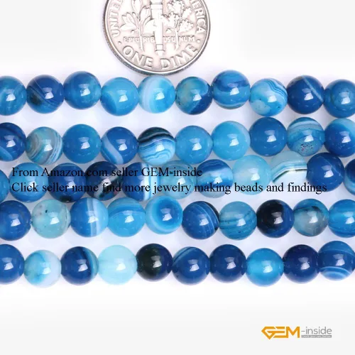 Vista 2 de GEM-Inside Cuentas Sueltas de Piedras Preciosas de Ágata Azul Bandeada Natural de 6mm Cuentas Redondas de Piedra de Energía para Hacer Joyas 15