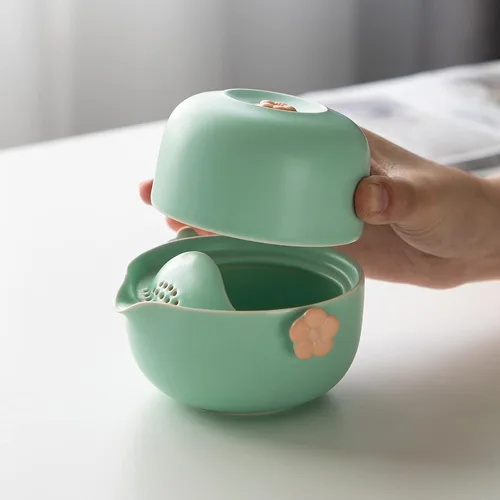 Vista 8 de HEER Travel Gaiwan - Juego de té para uno, juego de tazas de tetera portátil de porcelana, diseño de flor de ciruelo, regalo para mujeres (azul)
