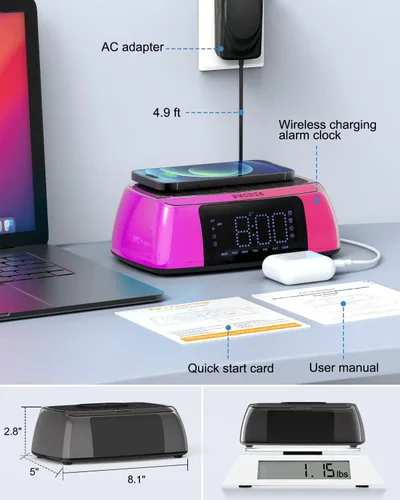 Vista 7 de Reloj despertador con carga inalámbrica, reloj despertador digital fuerte con máquina de sonido, luz nocturna, altavoz Bluetooth, estación de carga