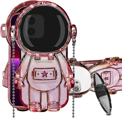 Vista 19 de Funda de astronauta compatible con iPhone 14 Pro Max con soporte, espejo, correa de hombro con cordón, espejo de papel con purpurina desmontable