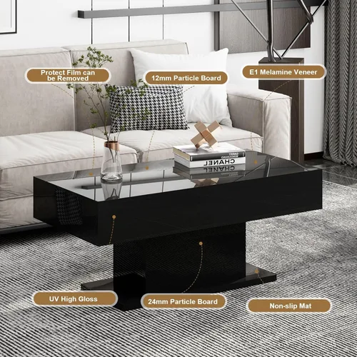 Vista 7 de HedoAjim - Mesa de café LED para sala de estar, mesa rectangular central de sala de estar, mesas de café modernas de madera con alto brillo y luces
