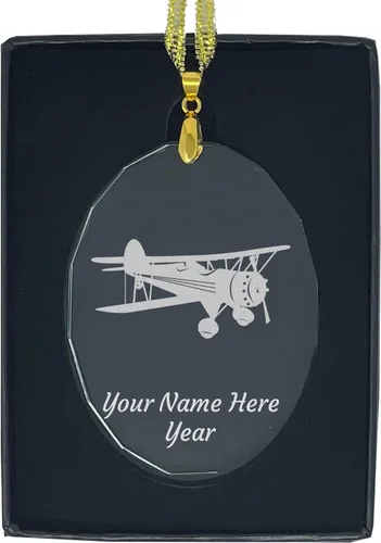 Vista 9 de LaserGram Adorno de Navidad de vidrio personalizado, biplano, idea de regalo grabada con láser personalizada (forma de diamante)