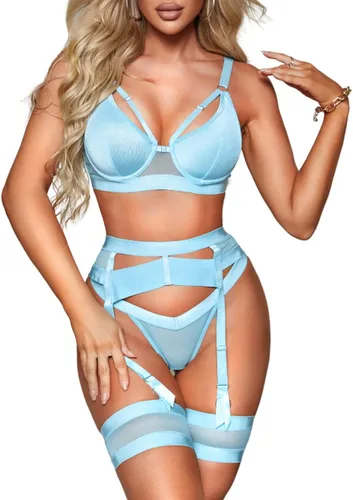 Vista 100 de Kaei&Shi - Lencería con liguero para mujer, conjunto de encaje traslúcido y sexy de 4 piezas combinadas