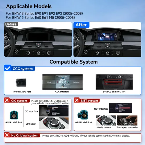 Vista 2 de XTRONS Estéreo de coche Android 14 de 8.8 pulgadas para BMW Serie 3 E90-E93/5 Serie E60 E61 M5 (2005-2008) Sistema CCC, pantalla táctil IPS 4+64GB