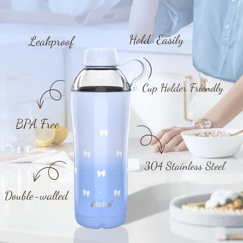 Vista 5 de Bow - Botella de agua aislada para mujeres, botellas de agua de acero inoxidable de 18 oz, de doble pared, 2 tapas (para beber y vaso) - Hidrata