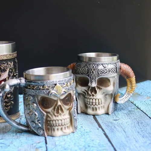 Vista 6 de Taza de café de calavera de 13 onzas, tazas de cerveza con calavera vikinga, revestimiento de acero inoxidable, regalo para hombres, regalos del día