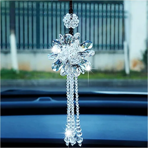Vista 9 de Colgante de espejo retrovisor para automóvil, adorno colgante de cristal brillante, accesorios de automóvil de moda, decoración colgante de espejo