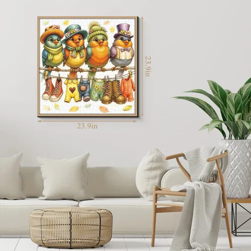 Vista 4 de Rompecabezas de 1000 piezas para la familia de pájaros lindos para adultos, coloridos pájaros con sombreros y bufandas, rompecabezas de animales