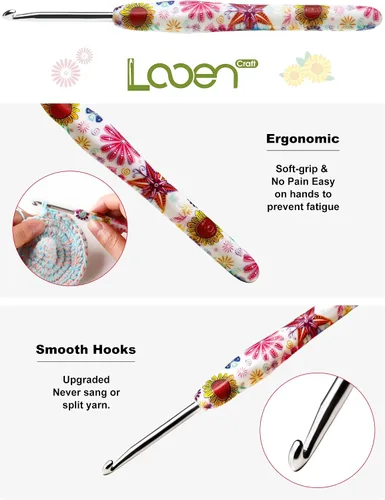 Vista 4 de Gancho de Crochet de 2.25mm, Mango Ergonómico para Manos con Artritis, Agujas de Tejer Extra Largas de Goma Suave para Principiantes y Tejido