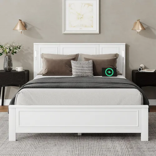 Vista 22 de JIVOIT Base de cama de plataforma de tamaño matrimonial con cabecero, cama de plataforma de madera estilo retro con patas de madera maciza Negro