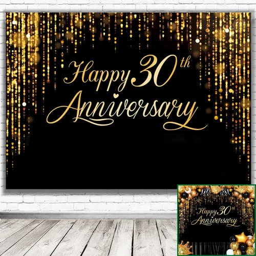 Vista 3 de Pancarta de Feliz 30º Aniversario - Póster de Fotografía Negro Dorado para Decoración de Bodas y Fiestas de Cumpleaños