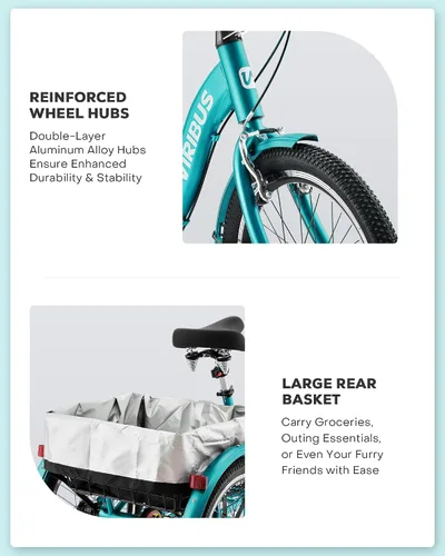 Vista 6 de VIRIBUS Triciclo plegable para adultos, triciclo plegable de 20 pulgadas para adultos de 1 o 7 velocidades con cesta, bicicletas plegables de 3