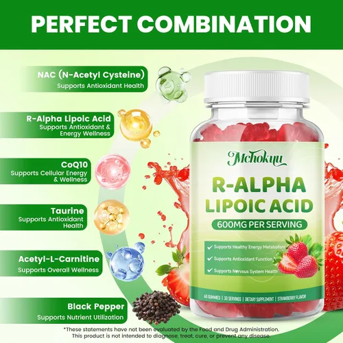 Vista 3 de R Gomitas de ácido alfa lipoico, ácido R-alfa lipoico estabilizado, suplemento ALA para apoyo antioxidante y metabolismo, veganas, sin OMG, sin