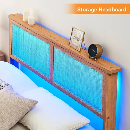 Vista 4 de coucheta Base de cama matrimonial de madera maciza de 12.4 pulgadas con cabecera de ratán natural, plataforma de tamaño matrimonial con luces LED