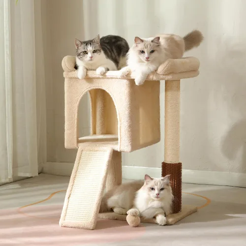 Vista 6 de Torre de árbol pequeño para gatos grandes con cama superior espaciosa de 20 x 13.8 pulgadas, condominio privado para gatos, poste rascador de sisal