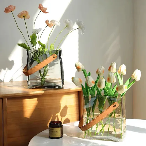 Vista 9 de Cuero hecho a mano - Bolso de mano - Estilo florero de cristal - Elegancia simple para tu espacio (ámbar)