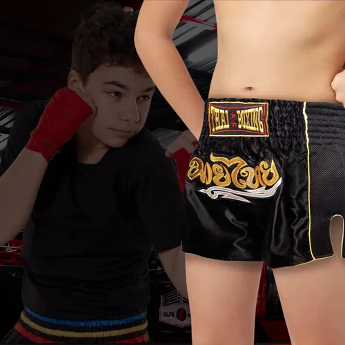 Vista 6 de SIAMKICK Pantalones cortos de Muay Thai para niños (4 años a 10 años), boxeo, kickboxing, artes marciales mixtas para niños y niñas