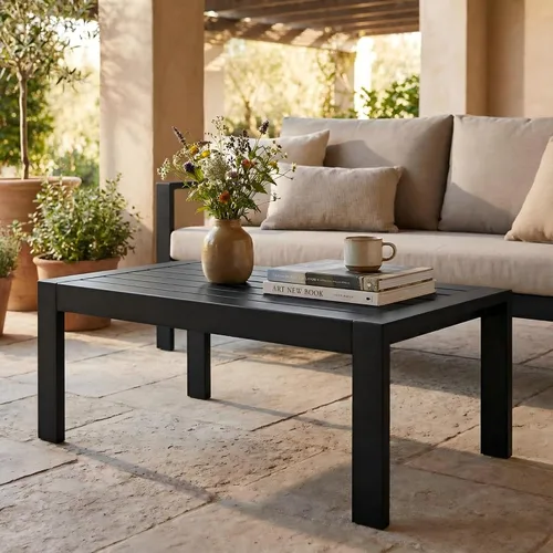 Vista 7 de Solaste - Mesa de café de aluminio para exterior, rectangular de metal para todo tipo de clima, mueble de patio para balcón, jardín, uso en Negro