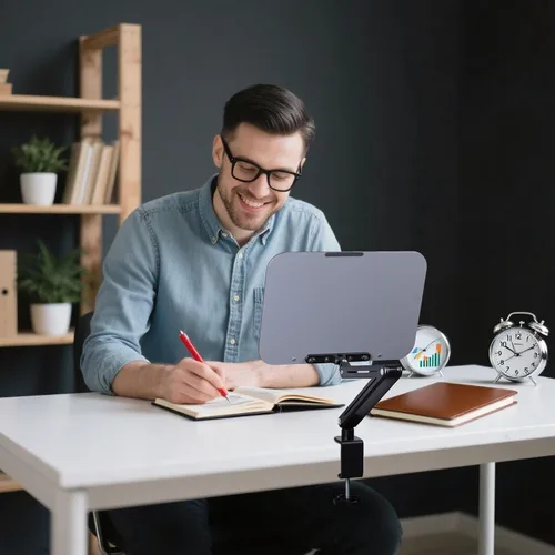 Vista 7 de ASIEIT Soporte para libros con abrazadera de escritorio, soporte de aluminio para libros de altura y ángulo ajustables, soporte para libros de Negro