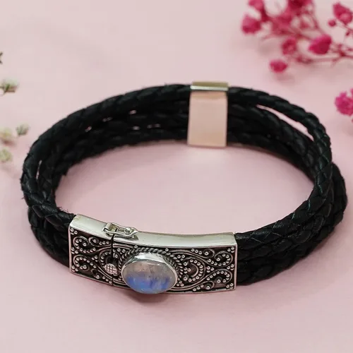 Vista 3 de Pulsera de plata de ley 925 hecha a mano con piedra lunar de fuego azul natural para hombres y mujeres, joyería de moda, Plata Esterlina, piedra
