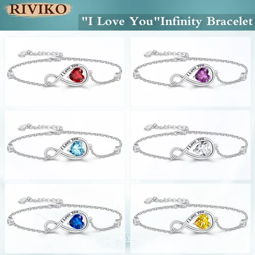 Vista 6 de RIVIKO Pulsera con símbolo de corazón infinito para mujer, pulseras grabadas de plata de ley 925 con circonita, eslabones ajustables, cumpleaños