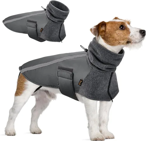 Vista 12 de SlowTon - Abrigo de invierno para perro, cálida chaqueta para perritos para exteriores con forro polar y bufanda de cuello de tortuga, chaleco