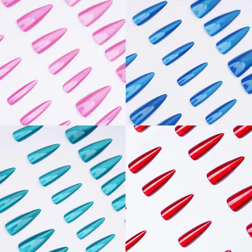 Vista 34 de Uñas postizas rojas de tamaño mediano en forma de almendra, uñas acrílicas brillantes con diseño de purpurina, uñas artificiales de cobertura a001