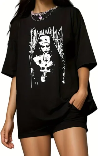 Vista 17 de Camiseta gótica para mujer, Y2K Harajuku, tops gráficos de algodón, ropa de anime 586 Gris Oscuro