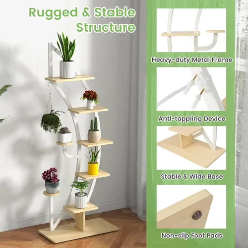 Vista 3 de Soporte de metal para plantas de 6 niveles, estante para plantas en forma de media luna para interiores con colgador y dispositivo antivuelco