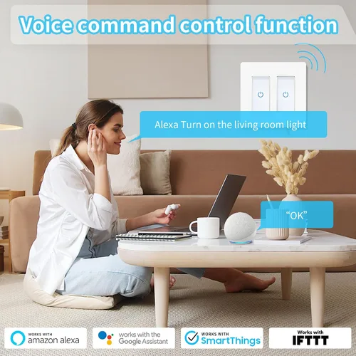 Vista 3 de Milfra Interruptor táctil inteligente de 2 vías, 2 posiciones, blanco, compatible con Alexa y Assistant, no requiere concentrador