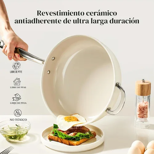 Vista 5 de Redchef Sartén Salteadora de Cerámica con Tapa, Sartén Profunda Antiadherente para Freír, Cocinera Jumbo de 5QT con Mango Auxiliar y Tapa, Sartén