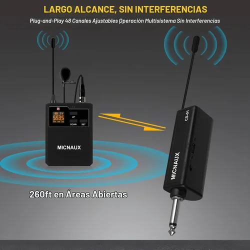 Vista 3 de Sistema de micrófono inalámbrico de solapa con auriculares y micrófonos de solapa, transmisores UHF, mini receptor recargable, 48 canales en 500