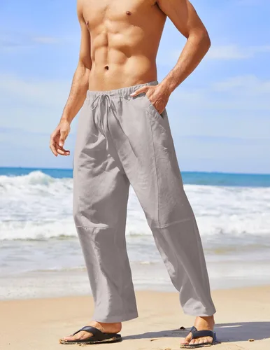 Vista 3 de COOFANDY Pantalones harén de lino con cordón para hombre, cintura elástica, ligeros, pantalones hippie, verano, playa, yoga