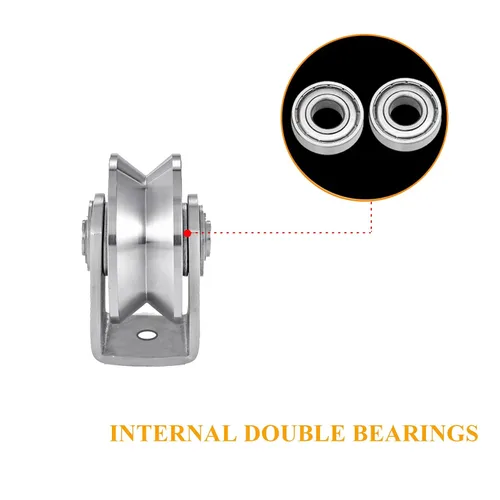 Vista 3 de 2 piezas de rueda de ranura en V de acero inoxidable resistente con polea de cable, bloque de polea para puerta corredera, rodillos con doble