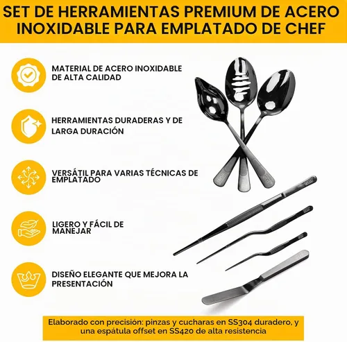 Vista 4 de Juego de 7 piezas de herramientas de chapado en negro (utensilios de chef profesionales) Kit de chef con 3 cucharas de chapado, 3 pinzas