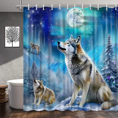 Vista 3 de Cortina de ducha con diseño de lobo, nieve, invierno, bosque, montaña, luna llena, vida silvestre, animales, decoración de baño, cortinas de tela