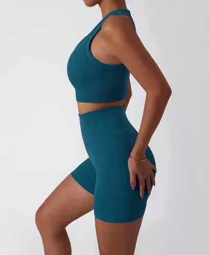 Vista 93 de Conjuntos de entrenamiento para mujer, 2 piezas, sin costuras, acanalada, sin mangas, brasier deportivo, cintura alta, pantalones cortos