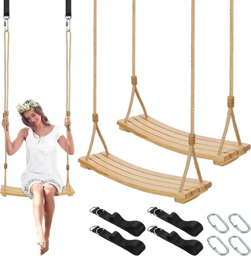 Vista 8 de Hollowfly 2 Piezas Asiento de Columpio de Madera Carbonizada Colgante Columpio de Árbol de Madera con Cuerda Ajustable Anticorrosivo Impermeable