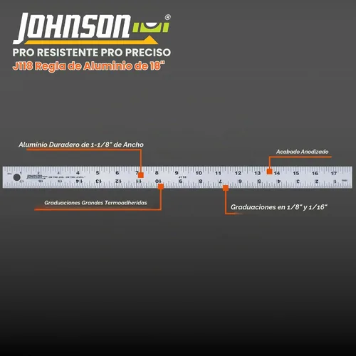 Vista 2 de Johnson Level & Tool J118 Regla de aluminio, 18 pulgadas, plata, 1 regla