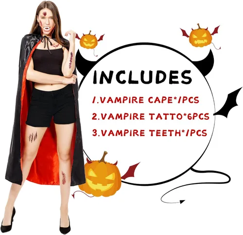 Vista 2 de HPMNS Vampire Costume Set for Adult Teen Unisex - Dracula Vampire Costume Women Men Vampire Cape disfraz de vampiro para hombre with Scary Tattoos