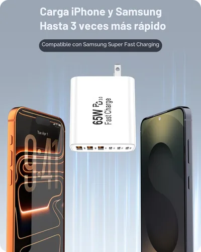 Vista 7 de FEEL2NICE Paquete de 2 cargadores USB C de 65 W, cargador rápido de pared de 6 puertos [3 PD USB-C y 3 QC 3.0 USB-A], adaptador compacto para iPhone