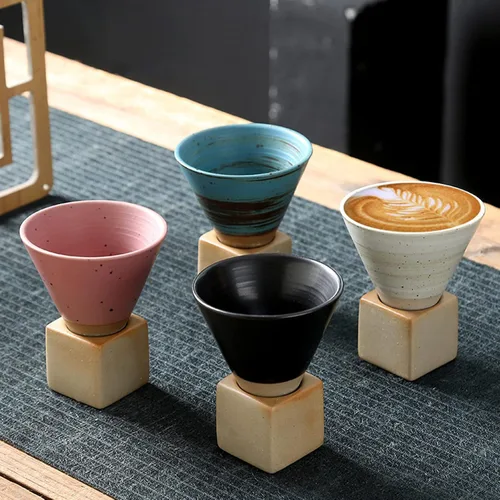 Vista 8 de 2 tazas de café de cerámica gruesa con base de 6.8 fl oz, taza de porcelana con forma de cono triangular creativa, estilo retro, embudo de gres