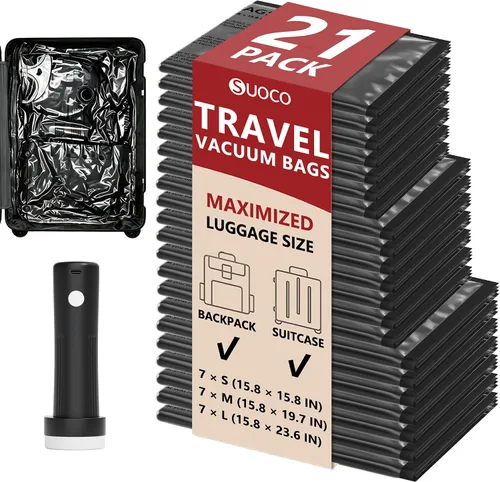 Vista 17 de Travel Vacuum Bags for Clothing with Cordless Pump 18 Combo, Black